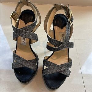 Jimmy Choo Silver-Black Glitter Crisscross Ankle Strap Heels